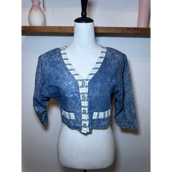 Vintage SWITCH USA Acid Wash Cropped Blue Denim Jacket Size Medium Fitted - Picture 1 of 10